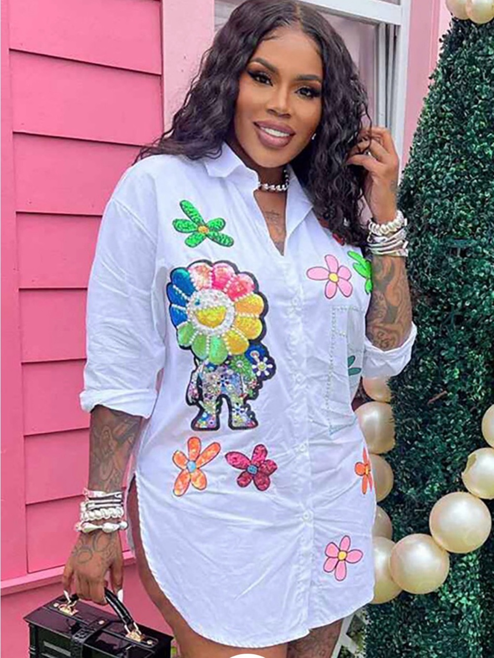Floral Pattern Turndown Collar
Button Up Blouse Mini Dresses-White